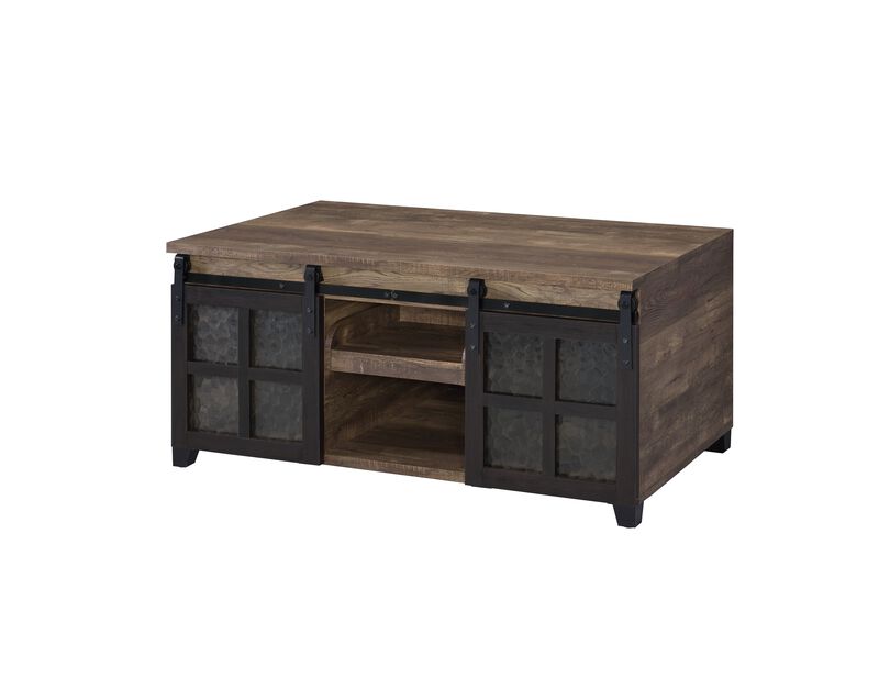 ACME Nineel Coffee Table, Obscure Glass, Rustic Oak & Black Finish