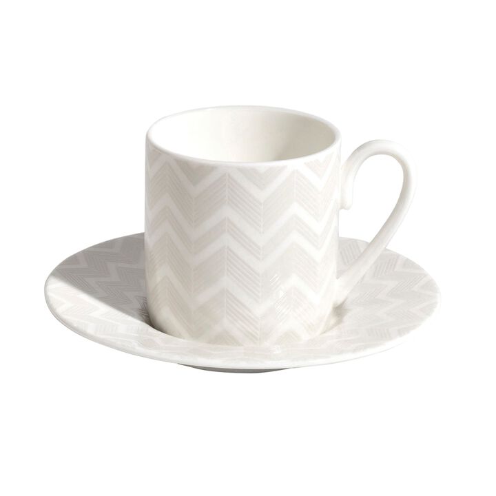 Coffee Cup & Saucer ZIG ZAG WHITE Set of 2, cup diam. 2.36", H 2.4", saucer diam. 4.72"