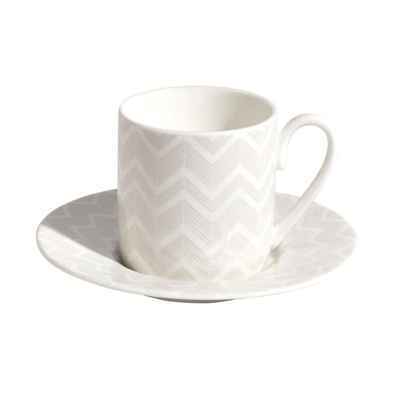 Coffee Cup & Saucer ZIG ZAG WHITE Set of 2, cup diam. 2.36", H 2.4", saucer diam. 4.72" image number 1