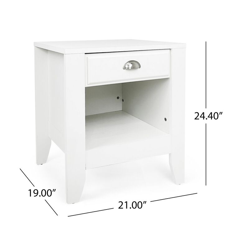 Crown Bedside Table Nightstand, 21 Inch w Drawer n Shelf, White MDF
