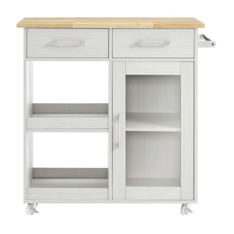 Modway Culinary Rolling Kitchen Cart with Storage in White Natural - 3 Tiers Kitchen Island on Wheels with Towel Bar, Functional as a Coffee Station, Bar Cabinet or Butcher Block Island image number 3
