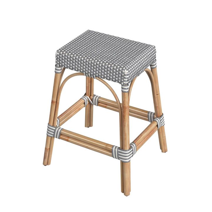 Butler Specialty Robias Rectangular Rattan 24.5 Counter Stool, White and Gray Dot