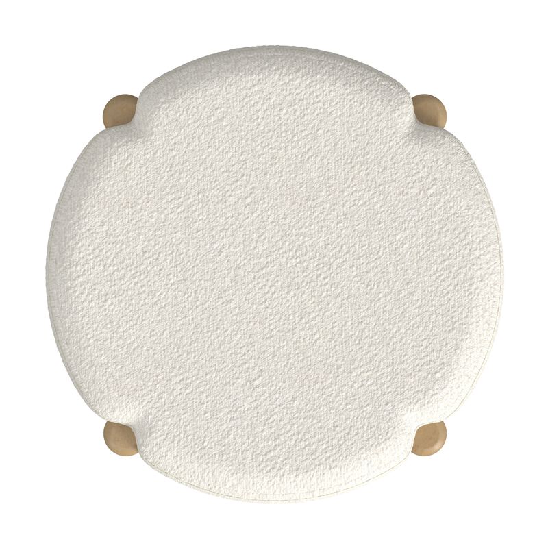 Eli 22 Inch Ottoman Footstool, Cream Boucle and Natural Brown Hardwood