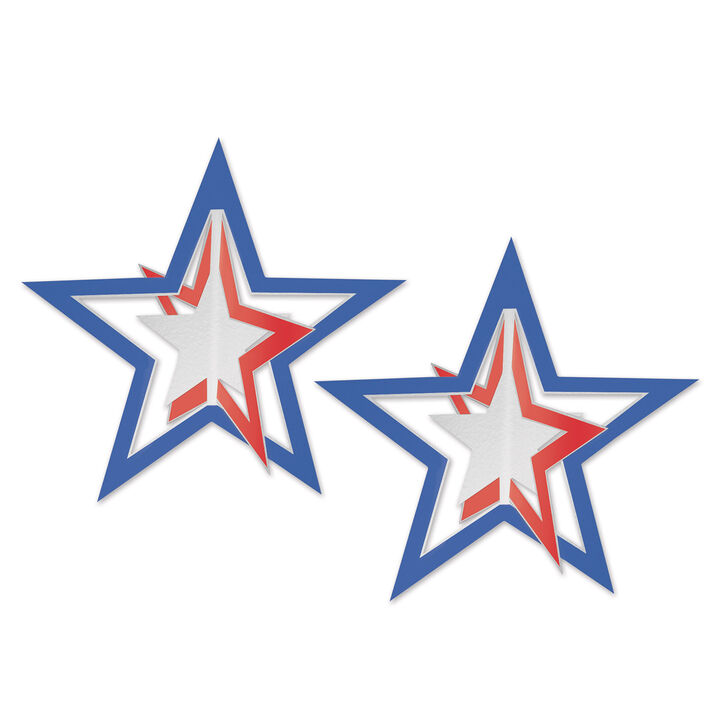 Club Pack of 24 Blue  Silver and Red Foil 3-D Hanging Patriotic 4th of July Stars