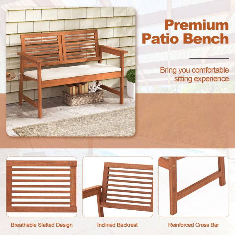 Hivvago 2-Person Solid Wood Patio Bench with Backrest and Cushion