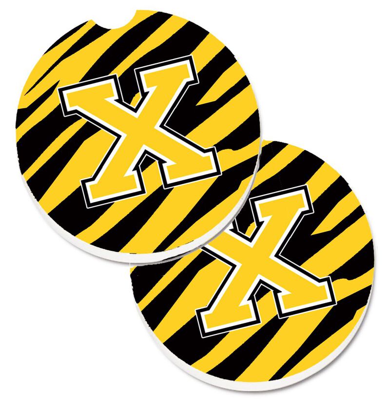 Caroline's Treasures Monogram Initial x Tiger Stripe - black Gold Set of 2 Cup Holder Car Coasters CJ1026-XCARC, 2.56, Multicolor