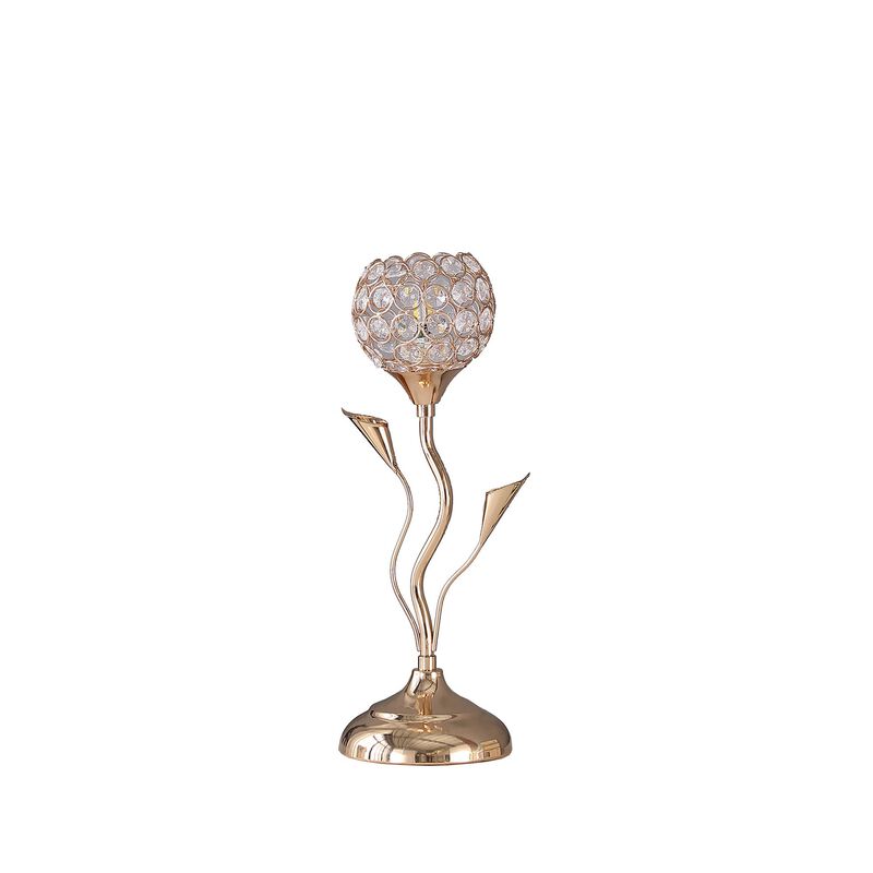 Metal Table Lamp with Floral Shade and Acrylic Crystals, Gold - Benzara