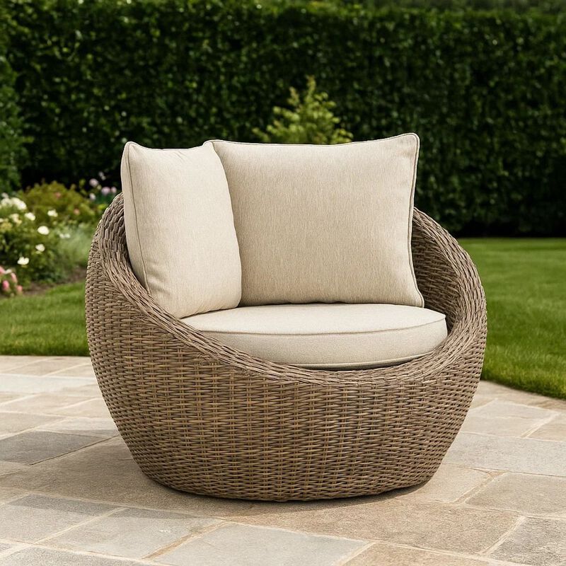 Swivel Outdoor Lounge Chair Set of 2, Beige Wicker, Nuvella Cushions