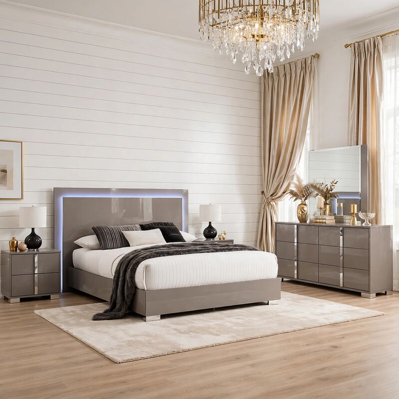 Suni 5pc Queen Bedroom Set w LED Headboard, Light Taupe Gray, 2 Nightstand image number 6