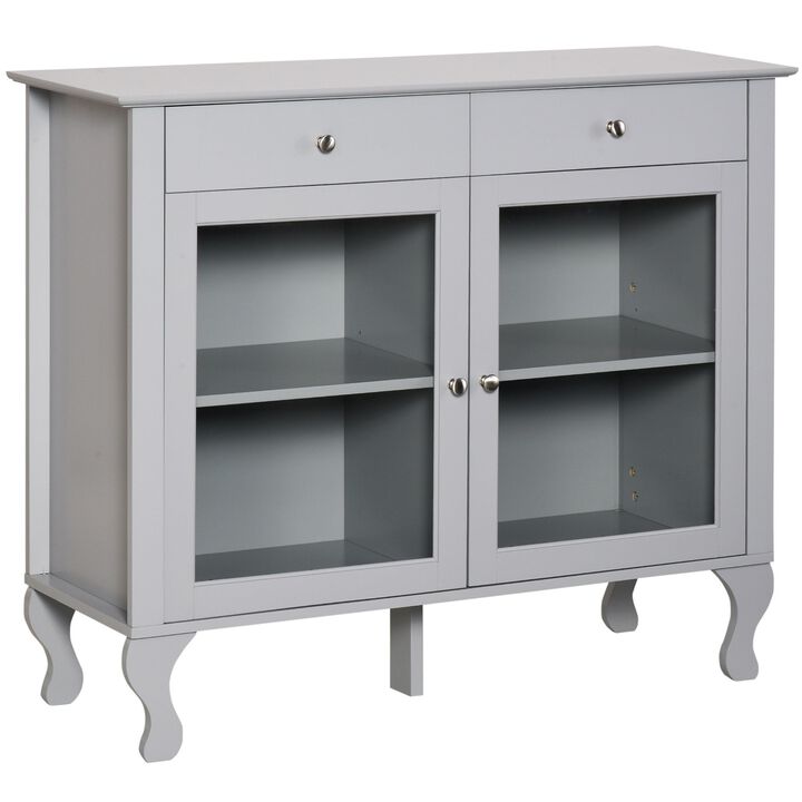Retro Style Kitchen Sideboard Serving Buffet Storage Cabinet Cupboard with Glass Doors and Drawers, Adjustable Shelves