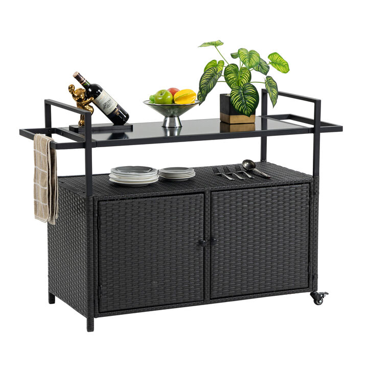 Outdoor Wicker Bar Cart, Patio Wine Serving Cart w/Wheels, Rolling Rattan Beverage Bar Counter Table w/Glass Top for Porch Backyard Garden Poolside Party, Black