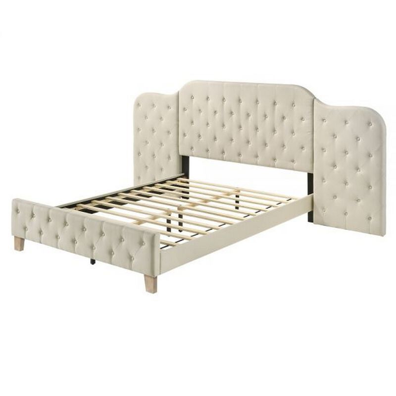 Ronny Inch Queen Size Bed, Wall Headboard, Beige Linen Tufted Upholstery - Benzara