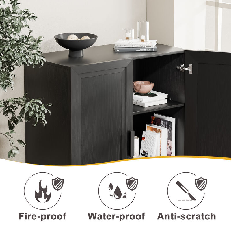 Black Wood Grain Buffet Cabinet, Storage Organizer with Adjustable Shelves and Rattan Doors image number 4