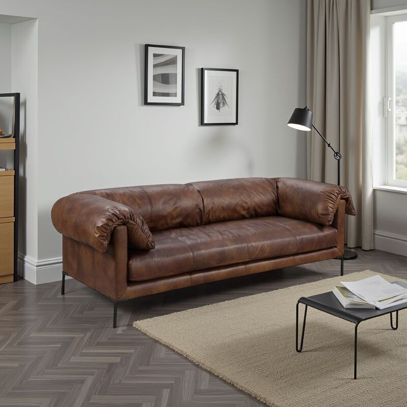 Sofa, Classic 96 Inch, Black Metal Legs, Mocha Brown Top Grain Leather image number 5