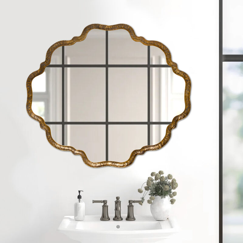 Mirror with Scalloped Design and Metal Frame, Antique Gold - Benzara