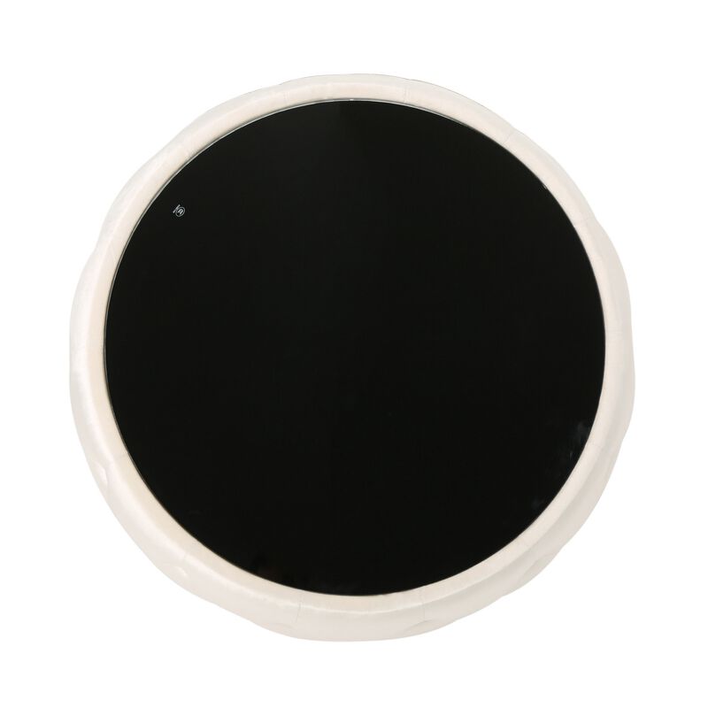 Ottoman Coffee Table, Beige Tufted Velvet, 30 Inch Round Glass Top