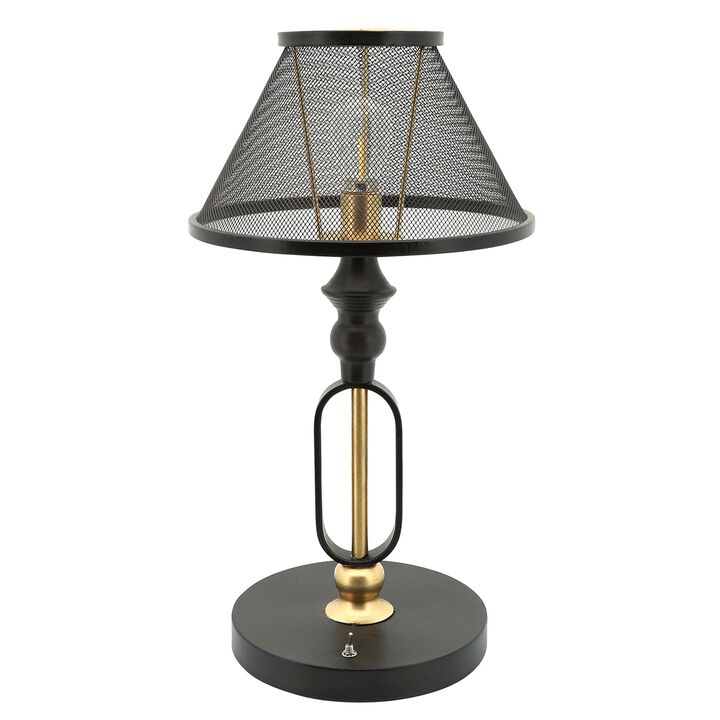 19 Inch Table Lamp, Round Metal Mesh Shade, Hollow Body, Black, Gold Stand