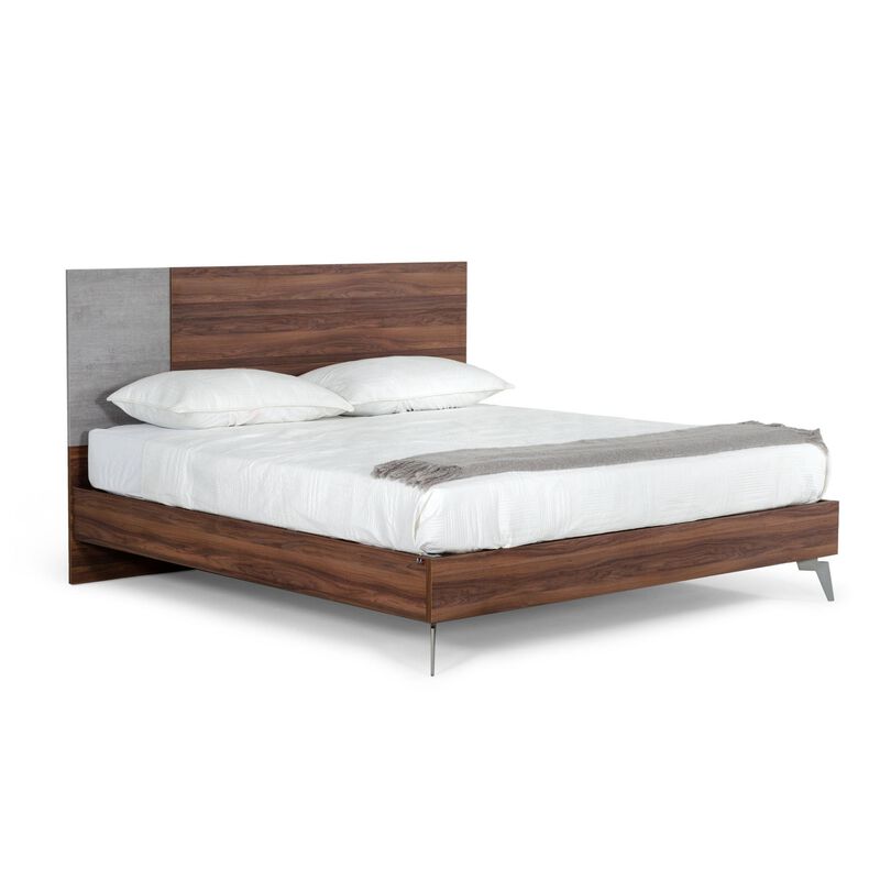 Leen King Size Bed with Tall Headboard, Italian Faux Concrete, Brown - Benzara image number 0