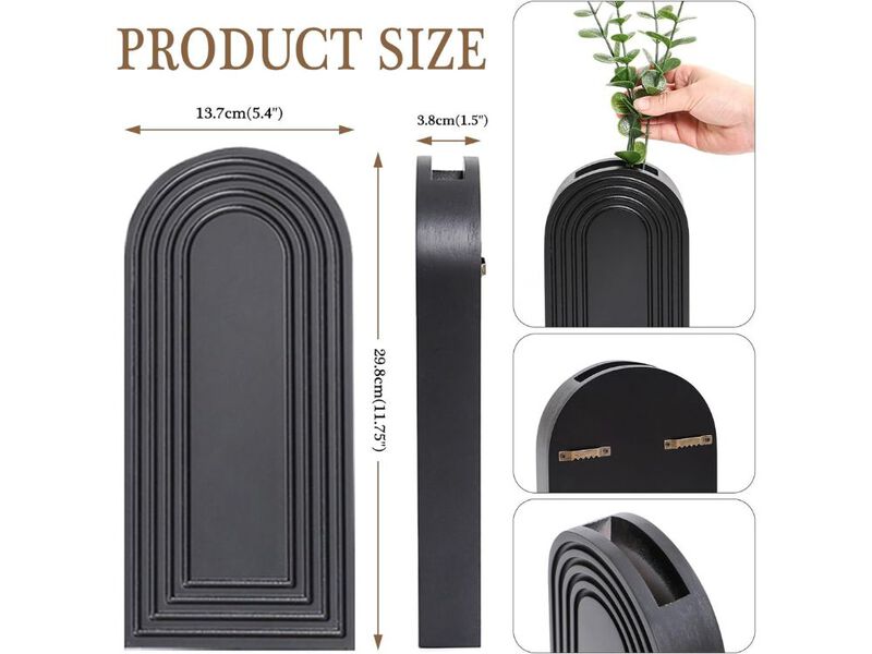 2 Pack Wooden Wall Vase Set Black Finish Modern Farmhouse Boho Decor for Any Space image number 2