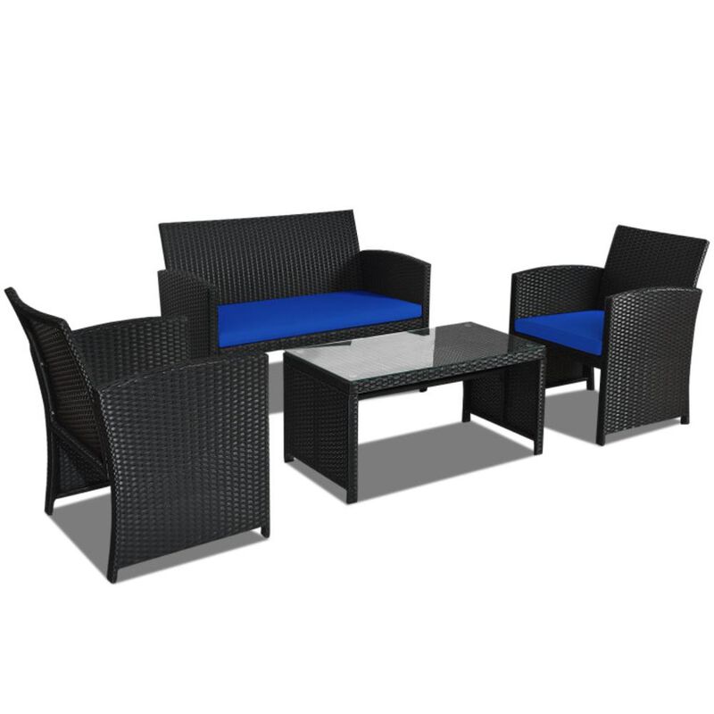 Hivvago 4 Pieces Rattan Patio Furniture Set with Weather Resistant Cushions and Tempered Glass Tabletop