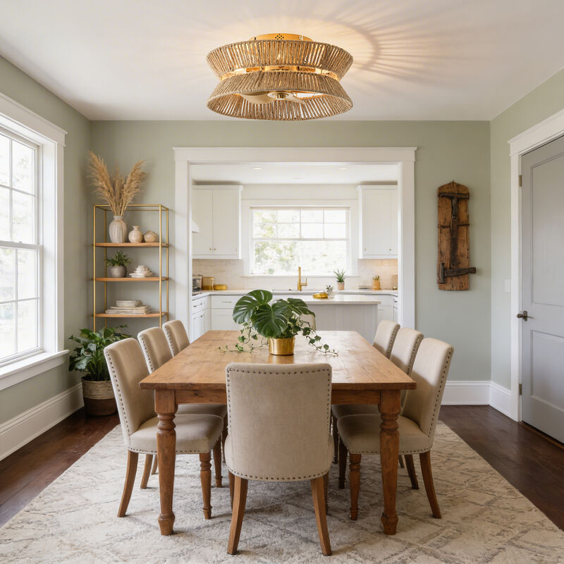 17.7" Bohemian Hemp Rope Antique Gold Caged Ceiling Fan with Light and Remote image number 3