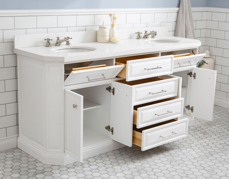 Palace 72 In. Double Sink Carrara Quartz Countertop Bath Vanity in Pure White with Polished Nickel (PVD) Hardware