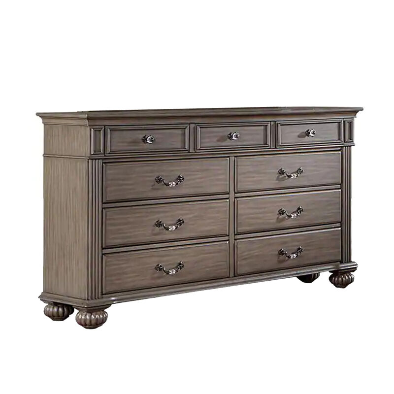 Recus Wide Dresser, 9 Drawers with Brass Handles, Gray Solid Wood