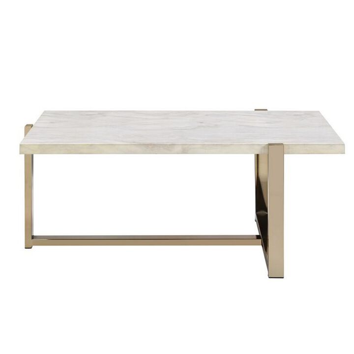 Modern Metal Framed Coffee Table with Faux Marble Top, White and Gold-Benzara