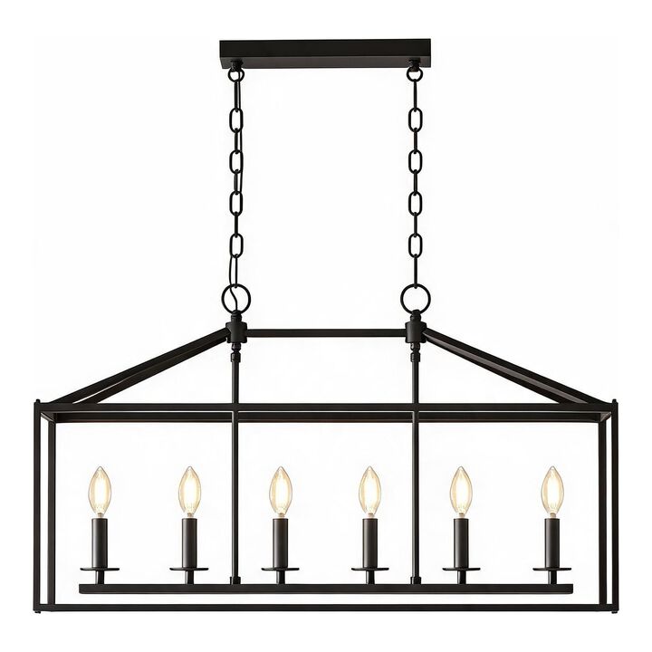 Six-Light Farmhouse Kitchen Island Chandelier, Black Candle Cage