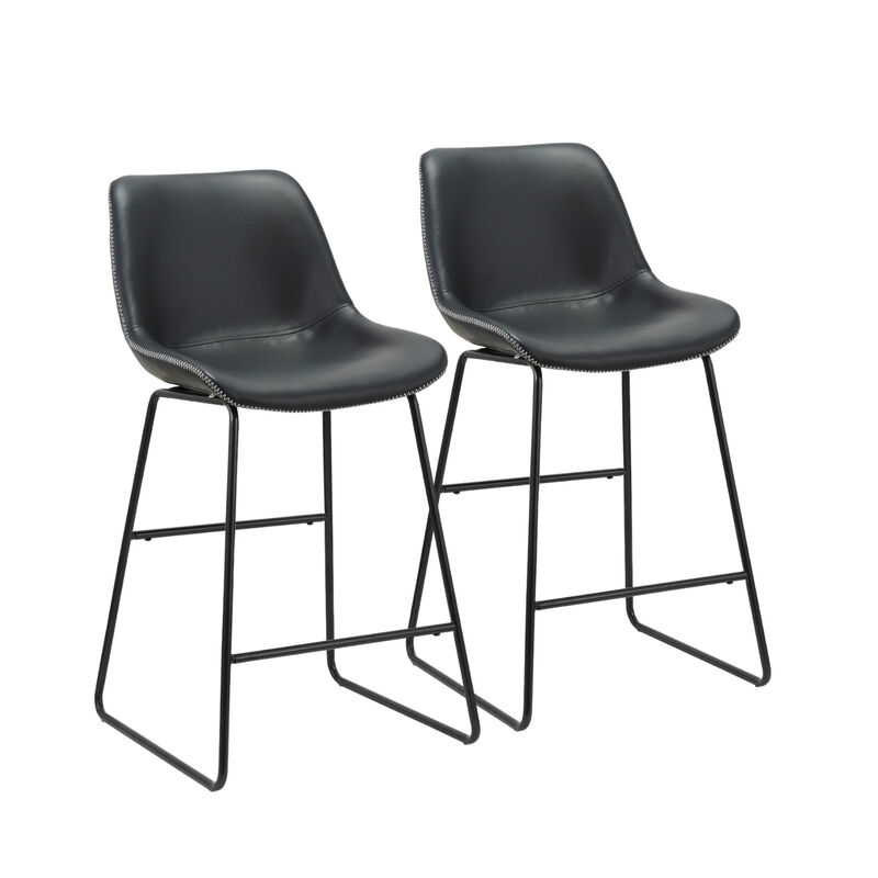 HomeRoots Set of Two Black Faux Leather and Metal Low Back Counter Height Bar Chairs