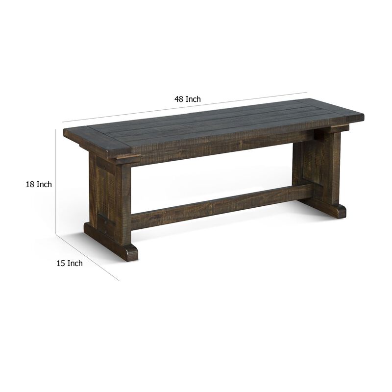 Camie Side Dining Bench, Plank Seat, Dark Brown Mahogany Wood 48 Inch
