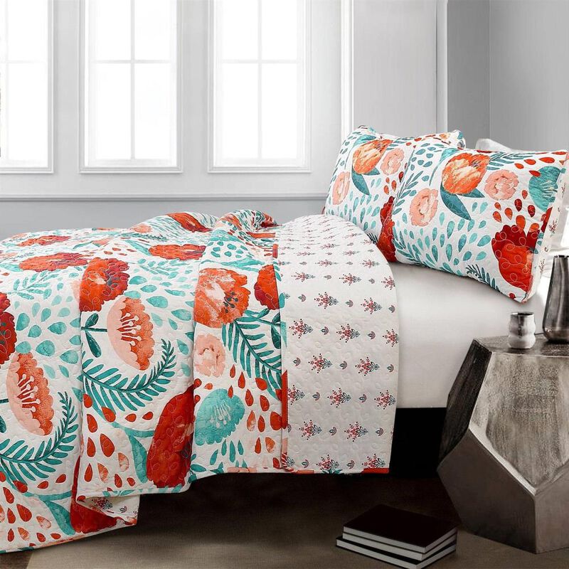Hivvago Full/Queen Red Poppy Flower White Teal Lightweight 3 Piece Cotton Quilt Set