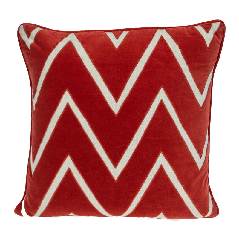 HomeRoots 22" Beige and Red Zigzag Cotton Throw Pillow with Embroidery and Applique image number 0