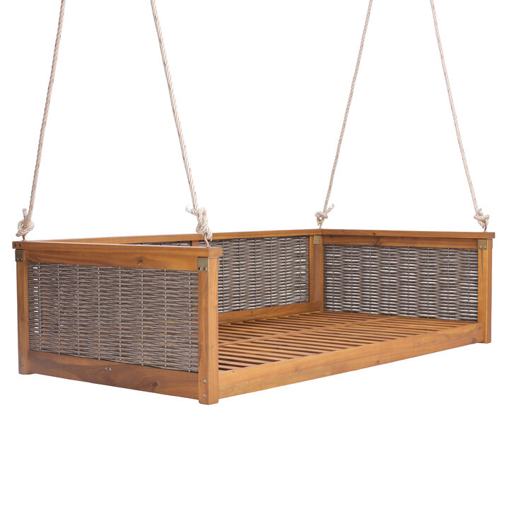 Merax Outdoor Twin Swing Bed with Sturdy Acacia Wood Frame & Handwoven Rattan