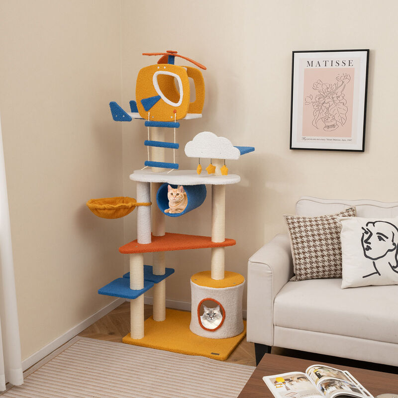 Tall Aviation-themed Cat Tree with Helicopter Top Perch and Platforms