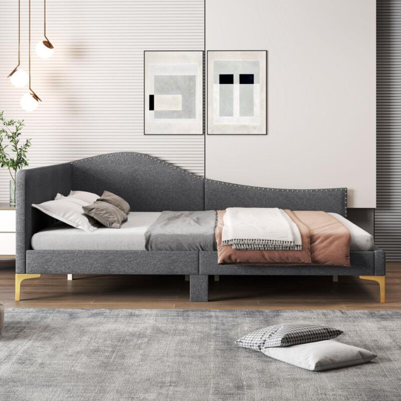 Hivvago Rivet-Tufted Platform Bed with Metal Legs and Wood Slats