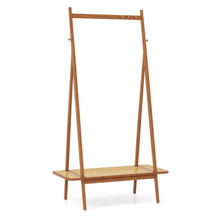 Hivvago Bamboo Clothes Rack with Hanging Rod Rattan Shelf and Copper Hooks