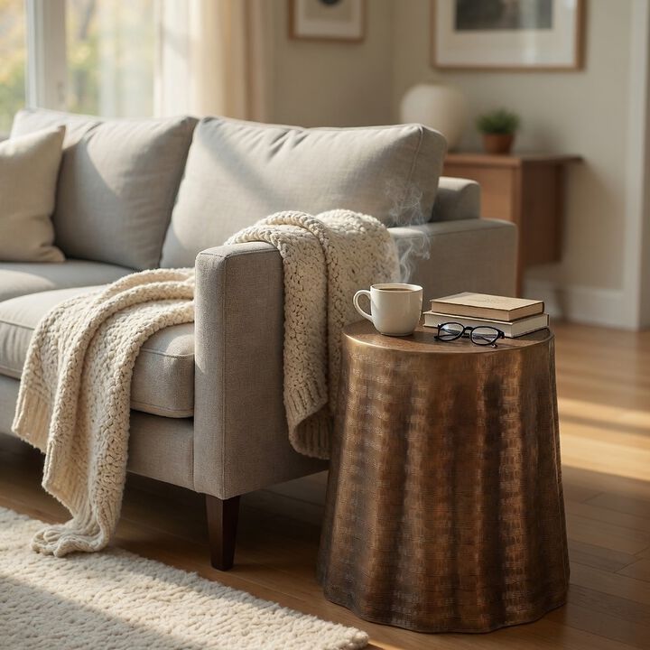 Liora 19" Side End Table , Handcrafted Bronze-Finish Aluminum , Hammered Round Design