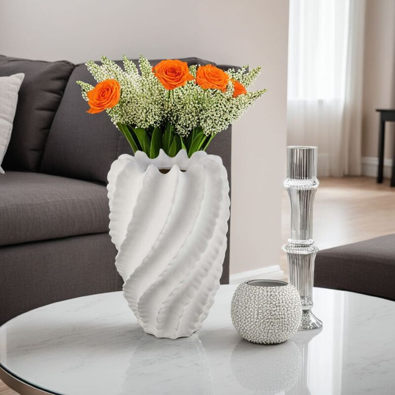 Velz Decorative Flower Vase, 18 Inch Wavy Shape, Matte White Ceramic