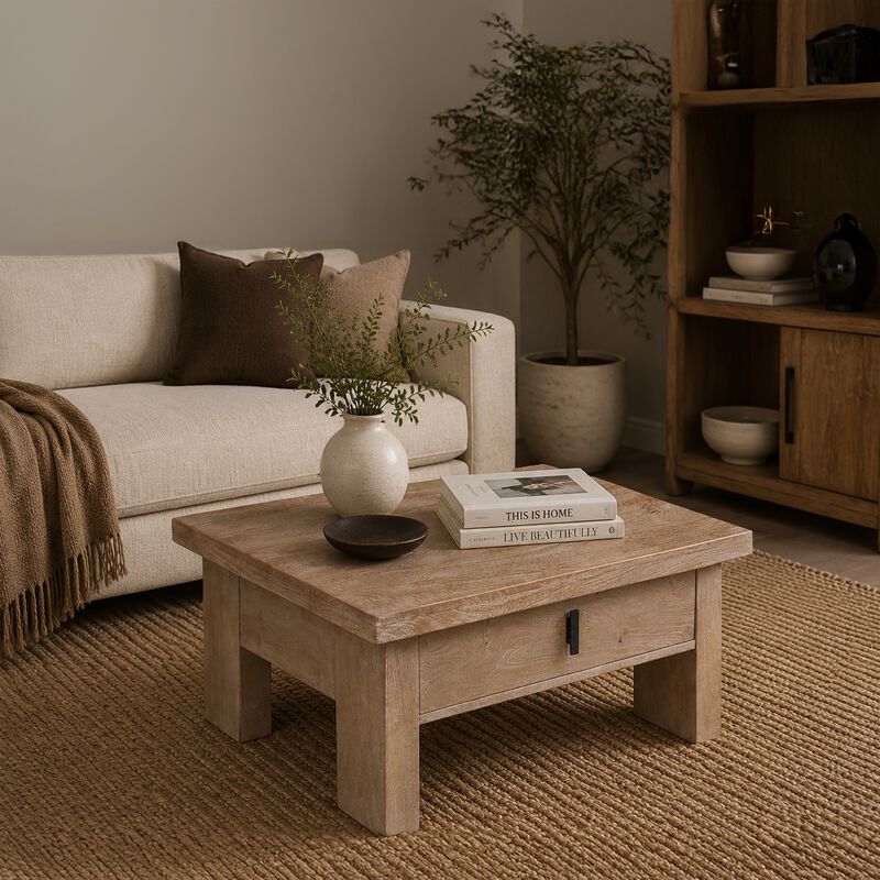 Les 36 Inch Square Coffee Table with Panel Legs, 2 Storage Drawers, Matte Brown Mango Wood, Black Handles image number 6