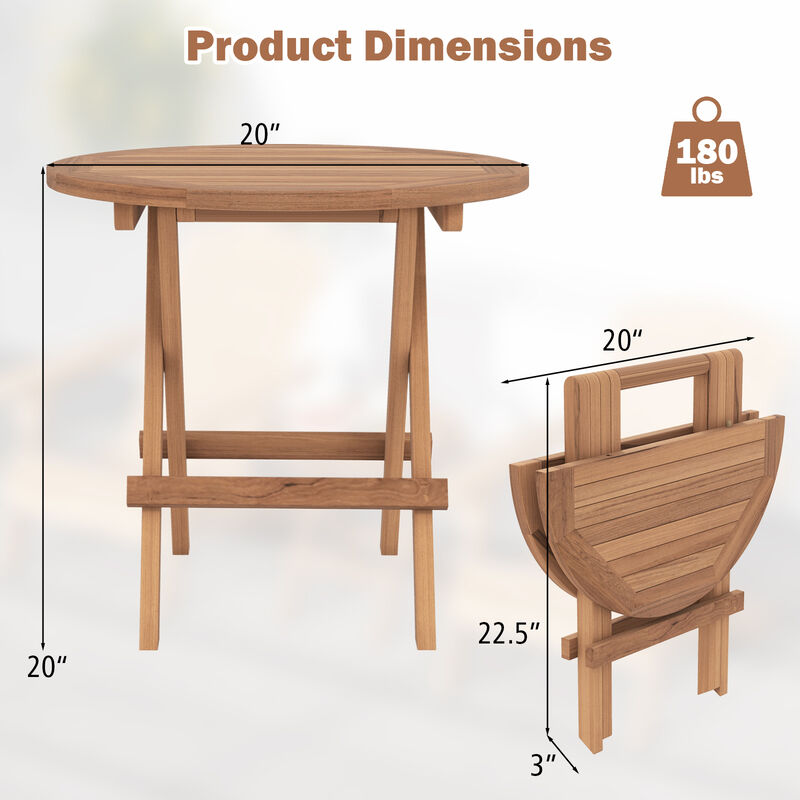 Round Patio Folding Coffee Table Teak Wood with Slatted Tabletop image number 3
