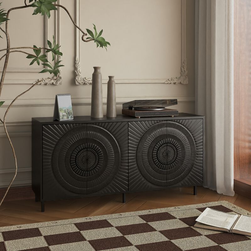 Clihome Modern Black Wood Sideboard Buffet Accent Bedroom Media Hallway Curio Kitchen Hutch Storage Cabinet Home Furniture For Dining Room,Living Room,Kitchen(BLACK)