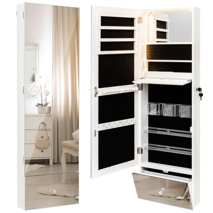 Hivvago Wall Mounted Jewelry Armoire Organizer with Full-Length Frameless Mirror-White
