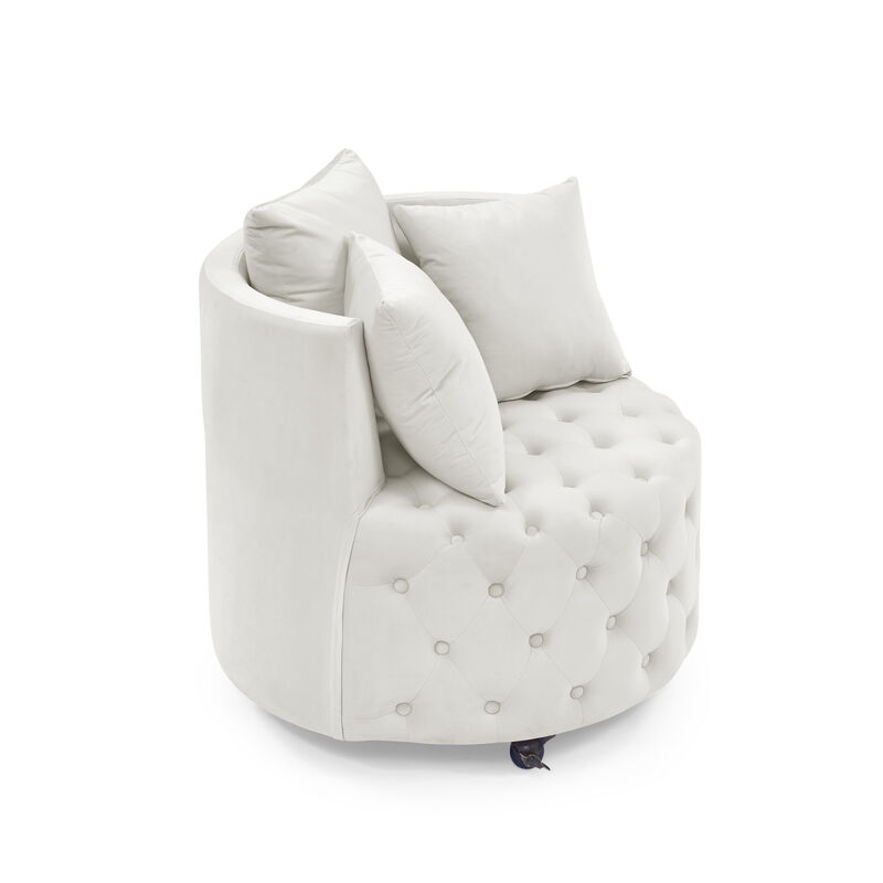 Velvet Upholstered Swivel Chair for Living Room, with Button Tufted Design and Movable Wheels, Including 3 Pillows, Beige