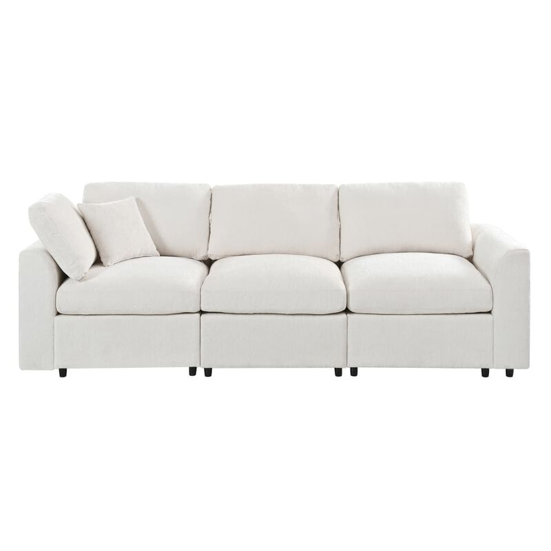 Chenille 3 seater sofa, U style deep seat couch with throw pillow, Contemporary living room sofa with solid wood frame image number 5