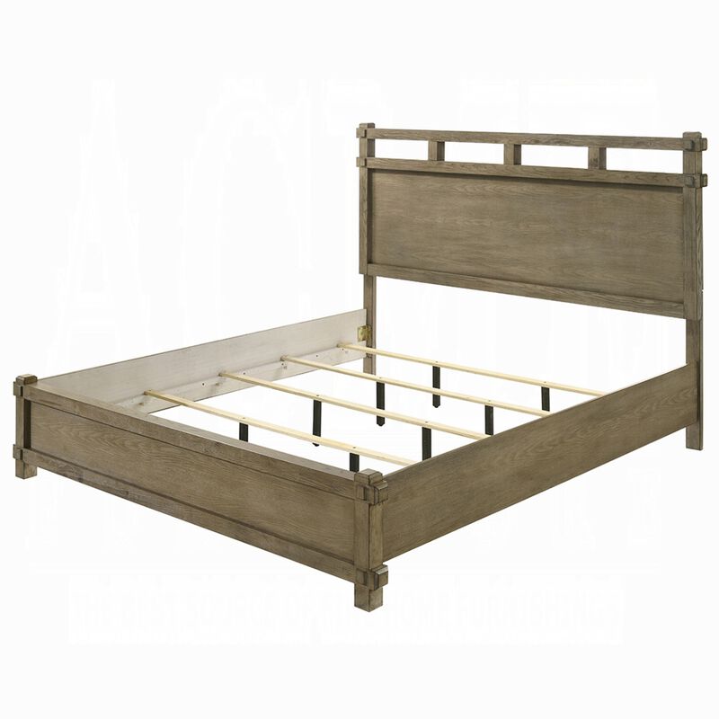 Cera Queen Size Bed, Panel Headboard with Top Rails, Antique Oak Brown image number 5
