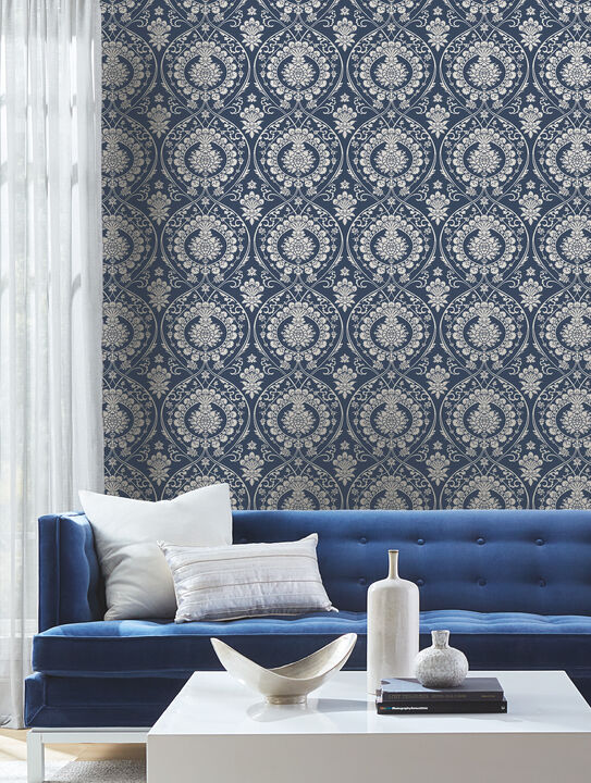 Imperial Damask Navy & Silver Wallpaper