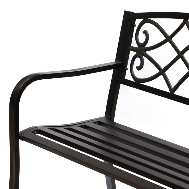 Outdoor Garden Patio Steel Park Bench Lawn Decor with Cast Iron Unique Design Back, Black Seating Bench for Yard, Patio, Garden, Balcony, and Deck