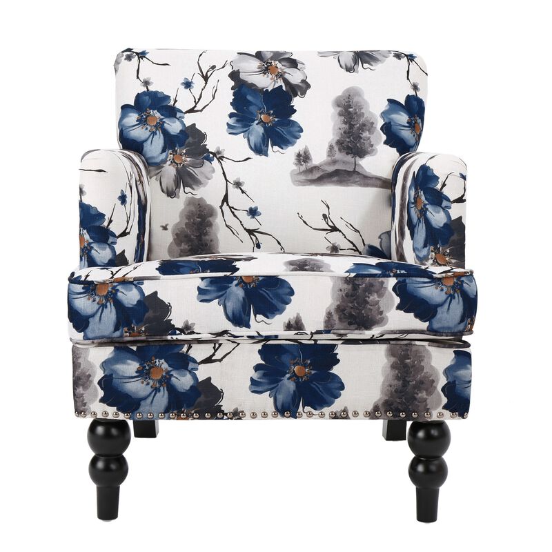 Lit Accent Chair, Button Tufted Floral White Blue Print, Multicolor