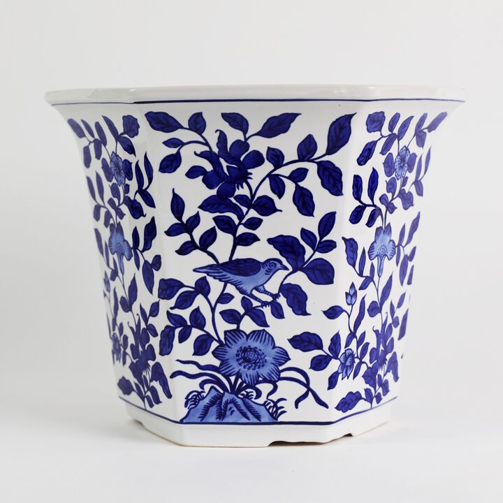 Euro Ceramica Blue and White 12.75" Aviary Ceramic Garden Planter - Small